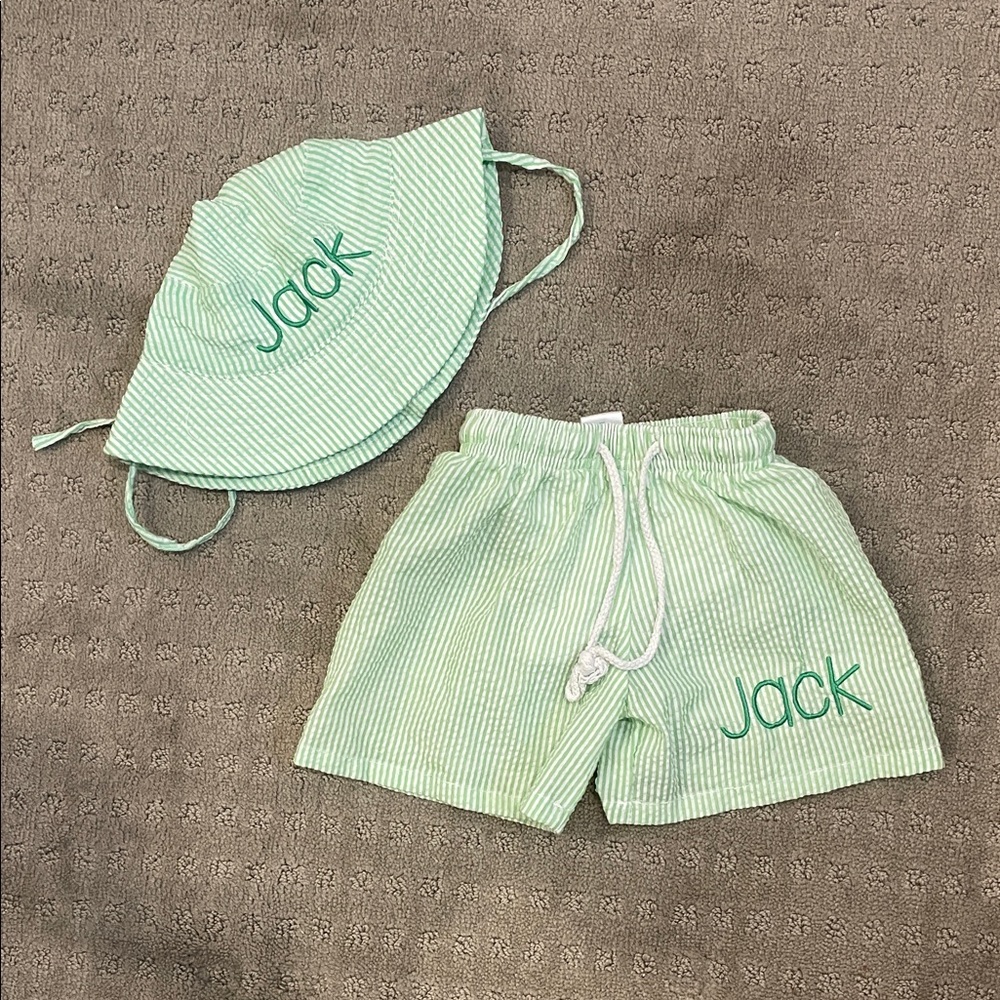 Green Seersucker Swim Suit and Sun Hat Set